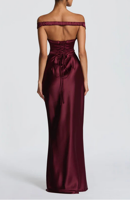 Chic Satin Mermaid Off-Shoulder Lace-Up Back Ruched Floor Length Prom Dress