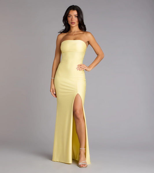 Chic Mermaid Strapless Neck Sleeveless Open Back Slit Floor Length Evening Dress