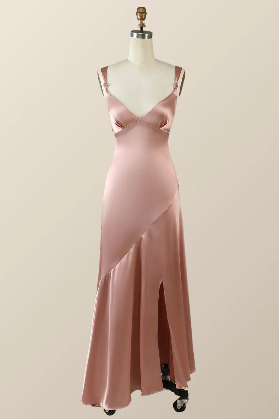 Chic Mermaid V-Neck Spaghetti Straps Slit Floor Length Satin Formal Prom Dress