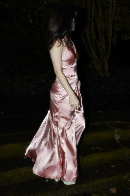 Chic Mermaid V-Neck Spaghetti Straps Slit Floor Length Satin Formal Prom Dress
