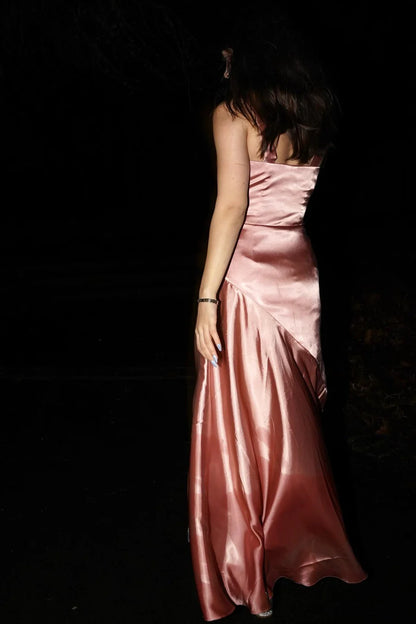 Chic Mermaid V-Neck Spaghetti Straps Slit Floor Length Satin Formal Prom Dress