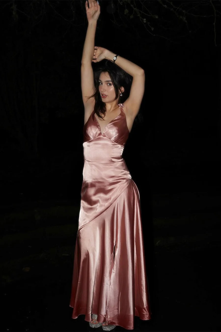 Chic Mermaid V-Neck Spaghetti Straps Slit Floor Length Satin Formal Prom Dress