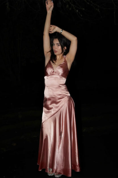 Chic Mermaid V-Neck Spaghetti Straps Slit Floor Length Satin Formal Prom Dress