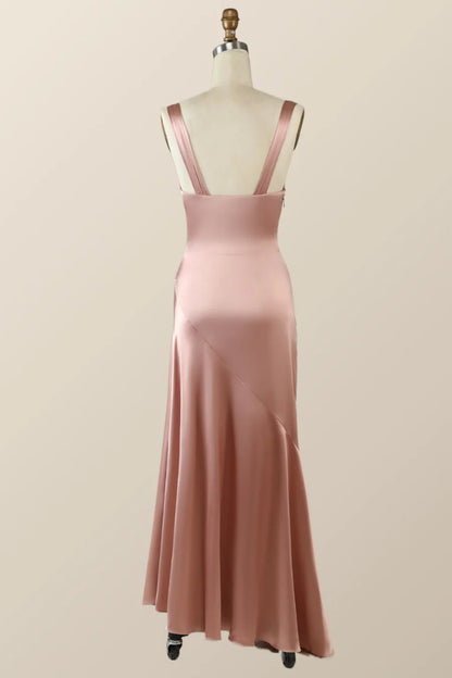 Chic Mermaid V-Neck Spaghetti Straps Slit Floor Length Satin Formal Prom Dress