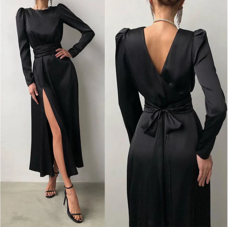 Chic Midi Satin Round Neck Long Sleeve Ruched Waist Open Back Slit Formal Prom Dress