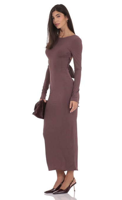 Chic Mocha Brown Jersey Evening Dress with Crew Neck, Long Sleeves & Tie-Back Open Back