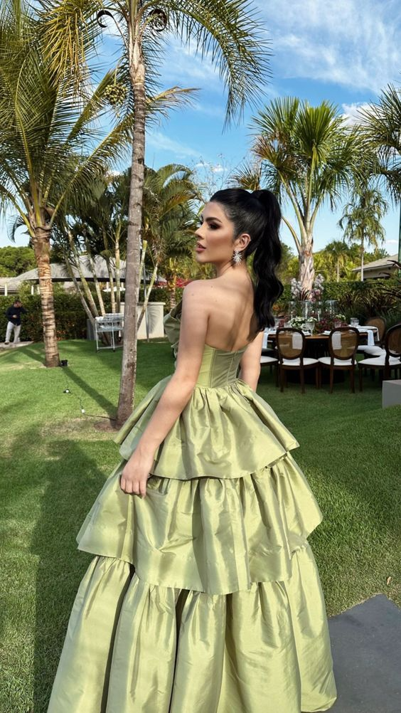 Elegant A-Line Strapless Sweetheart Tiered Bow Cutout Olive Green Floor-Length Prom Dress