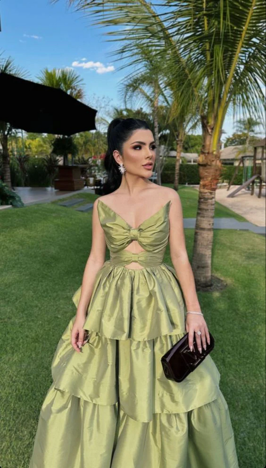 Chic Olive Green Strapless A-Line Tiered Floor-Length Prom Dress with Bow Cutout