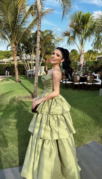 Elegant A-Line Strapless Sweetheart Tiered Bow Cutout Olive Green Floor-Length Prom Dress