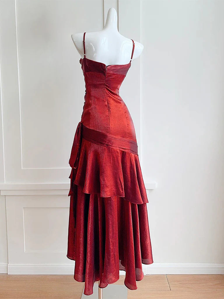 Chic Red Spaghetti Straps Sweetheart Ruffle Tiered Mermaid Prom Dresses