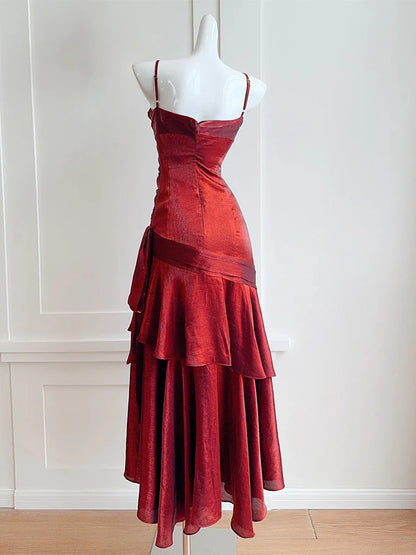 Chic Red Spaghetti Straps Sweetheart Ruffle Tiered Mermaid Prom Dresses