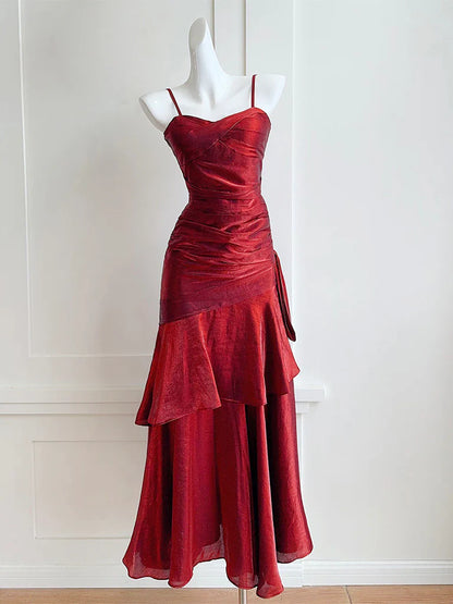 Chic Red Spaghetti Straps Sweetheart Ruffle Tiered Mermaid Prom Dresses