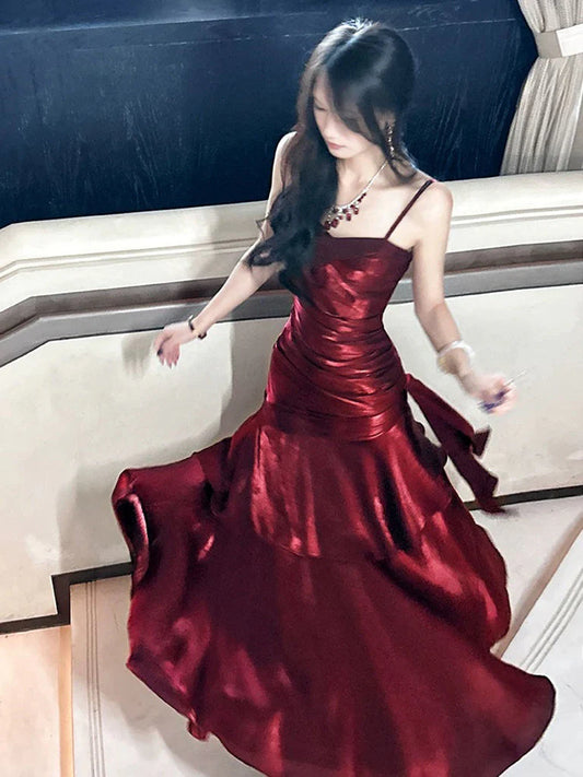Chic Red Spaghetti Straps Sweetheart Ruffle Tiered Mermaid Prom Dresses
