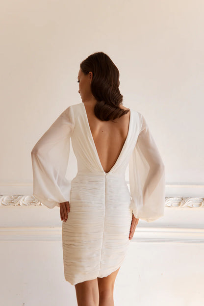 Chic Sexy Simple Chiffon Sheath Deep V-Neck Long Balloon Sleeves Open Back Mini Wedding Dresses