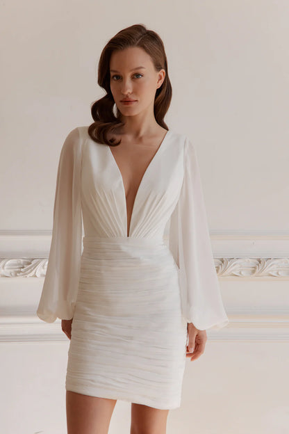 Chic Sexy Simple Chiffon Sheath Deep V-Neck Long Balloon Sleeves Open Back Mini Wedding Dresses