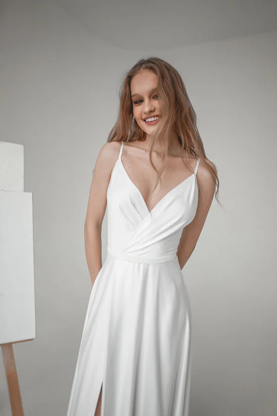 Chic Sexy Simple Satin A-Line Deep V-Neck Spaghetti Strap Multi-Strap Back Floor-Length Wedding Dresses