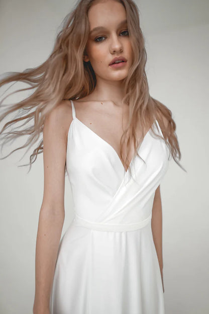 Chic Sexy Simple Satin A-Line Deep V-Neck Spaghetti Strap Multi-Strap Back Floor-Length Wedding Dresses