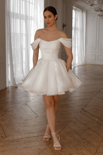 Chic Simple Satin A-Line Off-the-Shoulder Draped Lace-up Short Wedding Dresses