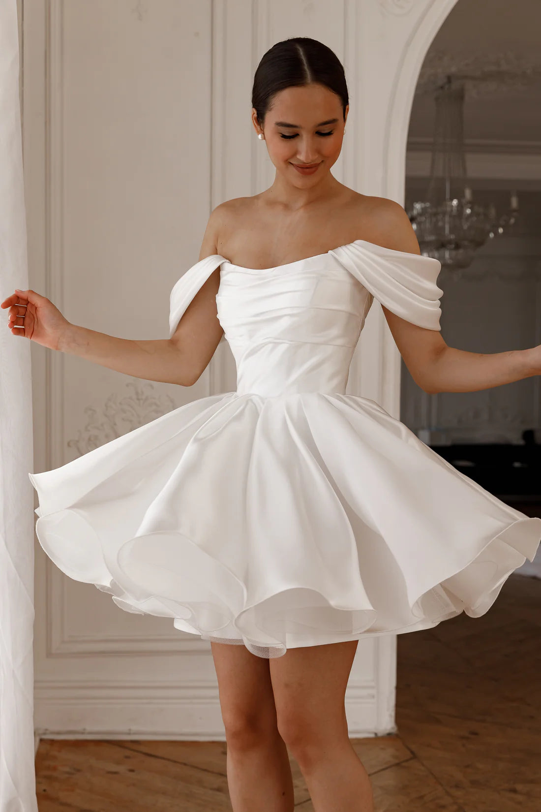 Chic Simple Satin A-Line Off-the-Shoulder Draped Lace-up Short Wedding Dresses