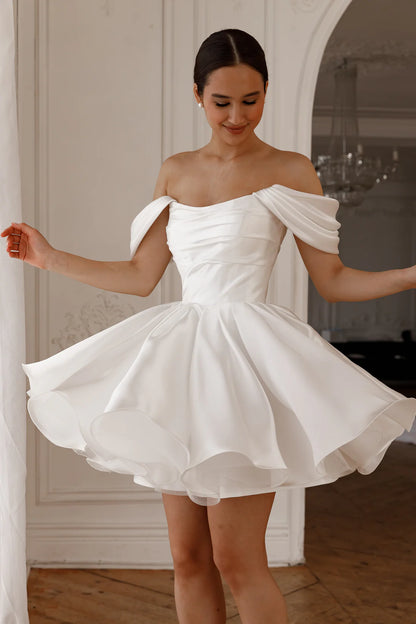 Chic Simple Satin A-Line Off-the-Shoulder Draped Lace-up Short Wedding Dresses