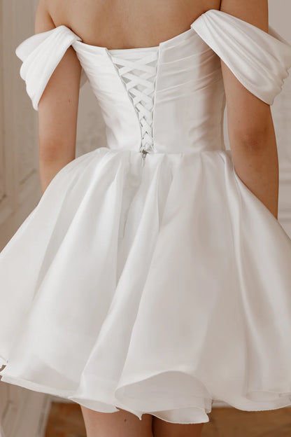 Chic Simple Satin A-Line Off-the-Shoulder Draped Lace-up Short Wedding Dresses