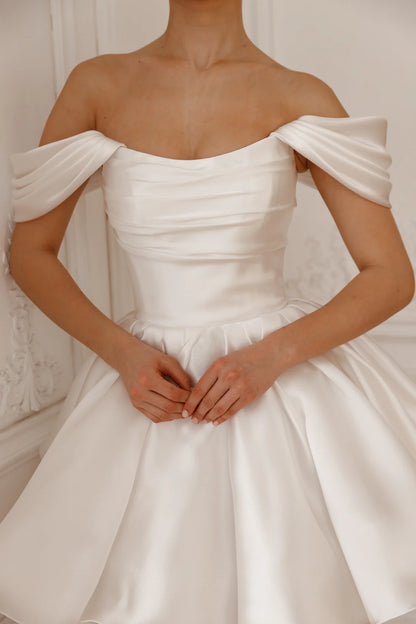 Chic Simple Satin A-Line Off-the-Shoulder Draped Lace-up Short Wedding Dresses