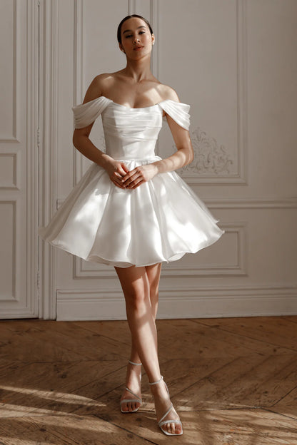 Chic Simple Satin A-Line Off-the-Shoulder Draped Lace-up Short Wedding Dresses