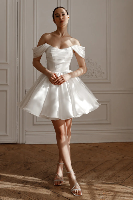Chic Simple Satin A-Line Off-the-Shoulder Draped Lace-up Short Wedding Dresses