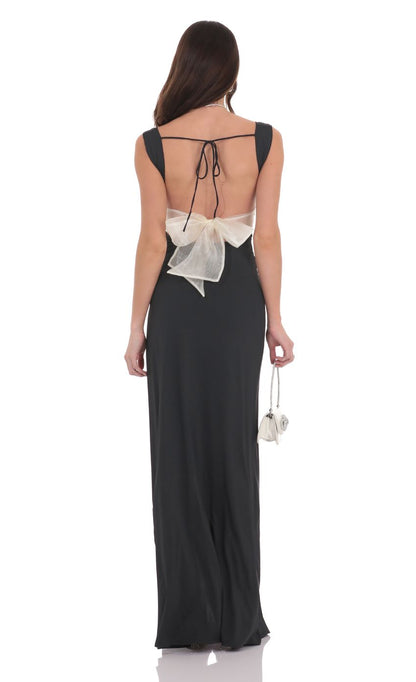 Chic Square Neck Ruched Bodice Open Back Maxi Evening Dress with High Slit & Contrast Bow