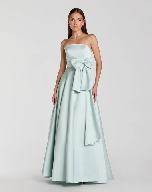 Chic Strapless Satin Bow Waist A-Line Floor-Length Evening Dress