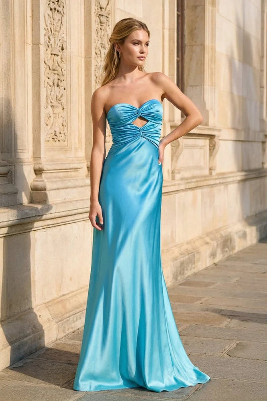 Chic Strapless Twist Front Satin Mermaid Evening Dress with Bow Back & Train in Sky Blue