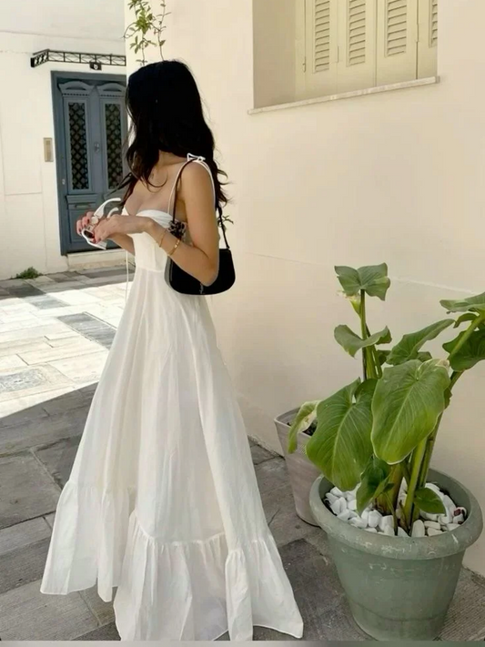 Chic White A-Line Maxi Sweetheart Spaghetti Straps Open Tie Back Floor Length Prom Dresses
