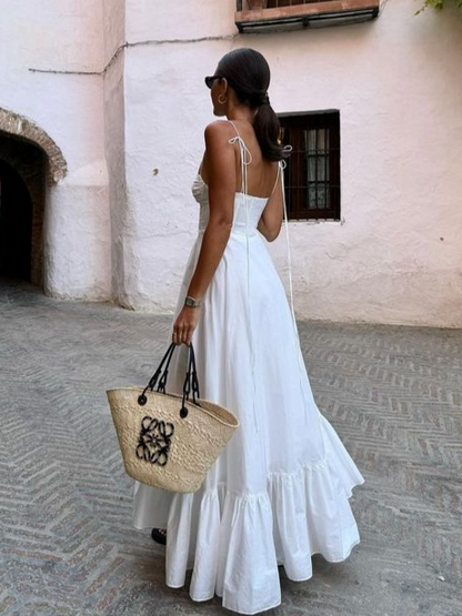 Chic White A-Line Maxi Sweetheart Spaghetti Straps Open Tie Back Floor Length Prom Dresses