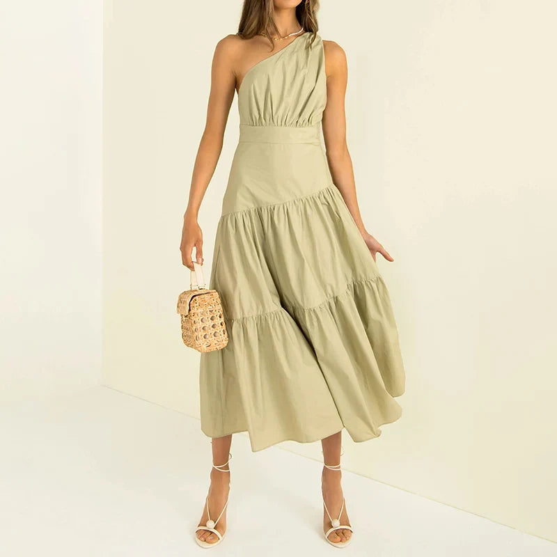 Chic A-Line One-Shoulder Sleeveless Tiered Ruched Sage Midi Evening Dresses Women