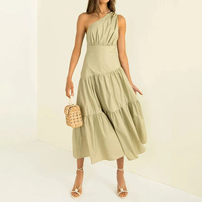 Chic A-Line One-Shoulder Sleeveless Tiered Ruched Sage Midi Evening Dresses Women