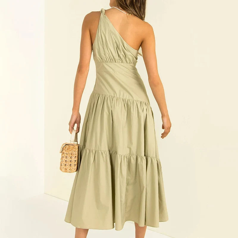 Chic A-Line One-Shoulder Sleeveless Tiered Ruched Sage Midi Evening Dresses Women