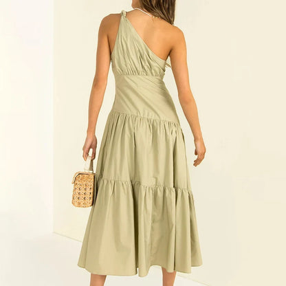 Chic A-Line One-Shoulder Sleeveless Tiered Ruched Sage Midi Evening Dresses Women
