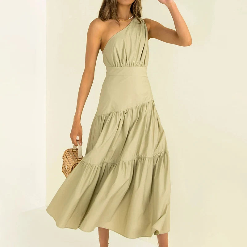 Chic A-Line One-Shoulder Sleeveless Tiered Ruched Sage Midi Evening Dresses Women