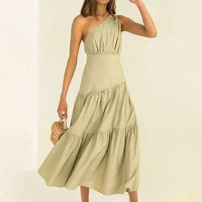 Chic A-Line One-Shoulder Sleeveless Tiered Ruched Sage Midi Evening Dresses Women