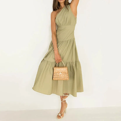 Chic A-Line One-Shoulder Sleeveless Tiered Ruched Sage Midi Evening Dresses Women