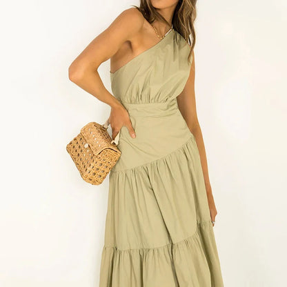 Chic A-Line One-Shoulder Sleeveless Tiered Ruched Sage Midi Evening Dresses Women