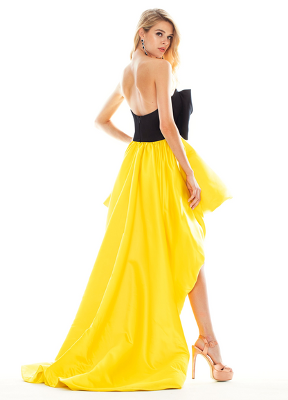 Chic A-Line Strapless Sleeveless Bow High-Low Yellow Prom Dresses Women Gown