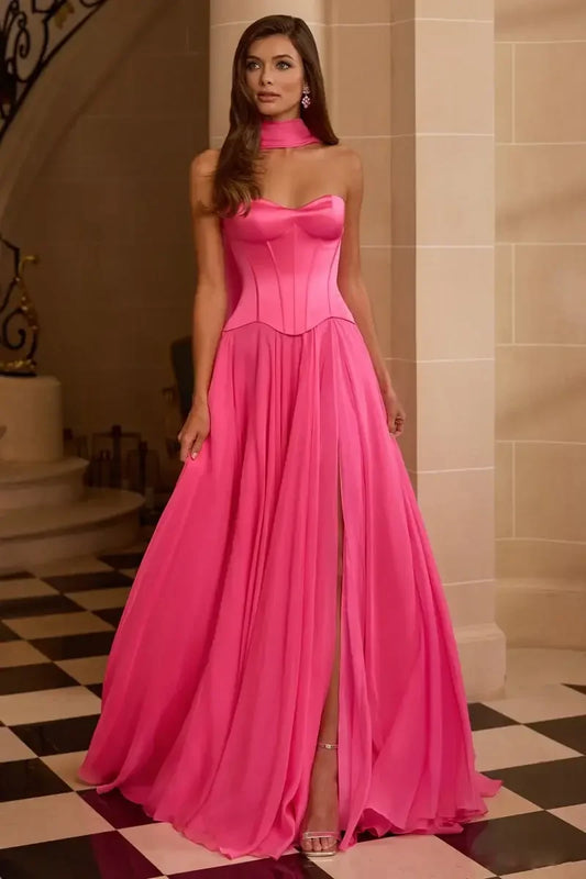 Chic A-Line Sweetheart Sleeveless Corset Slit Pink Long Prom Dresses Women