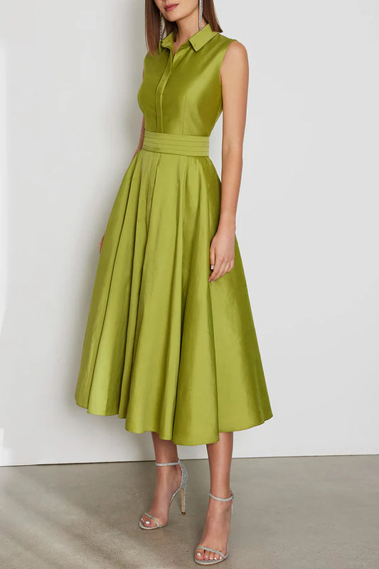 Chic A-line Collared Sleeveless Bow Back Midi Length Mother of the Bride Dress
