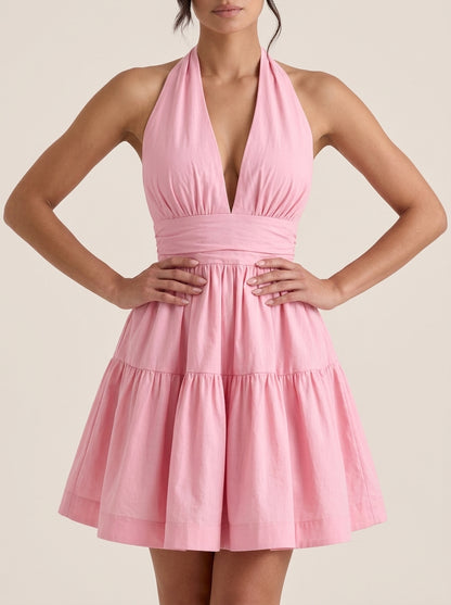 Chic A-line Deep V-Neck Halter Sleeveless Lace-Up Back Tiered Mini Homecoming Dresses
