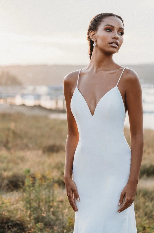 Chic Beach Satin Mermaid V-Neck Spaghetti Strap Open Back Bow Floor Length Wedding Dresses