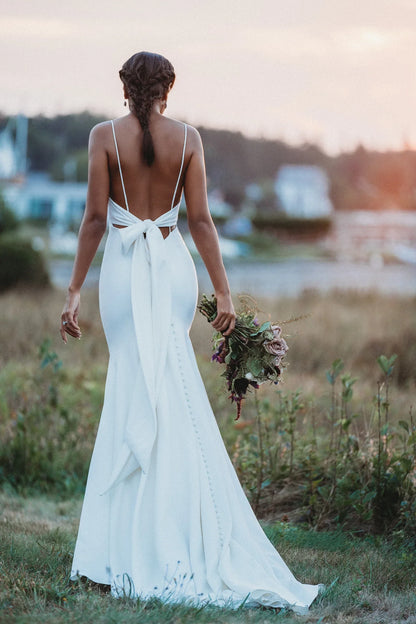 Chic Beach Satin Mermaid V-Neck Spaghetti Strap Open Back Bow Floor Length Wedding Dresses