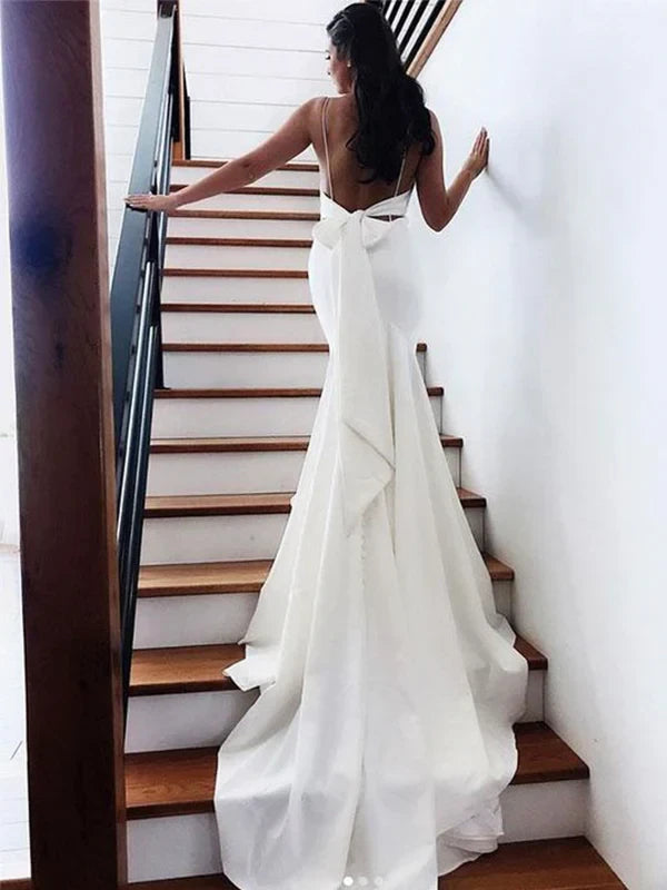 Chic Beach Satin Mermaid V-Neck Spaghetti Strap Open Back Bow Floor Length Wedding Dresses