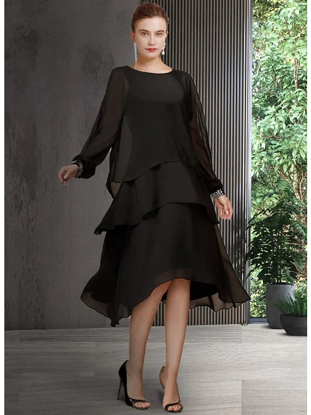 Chic Chiffon A-Line Boat Neck Long Sleeve Closed Back Midi Length Mother of the Bride Dresses