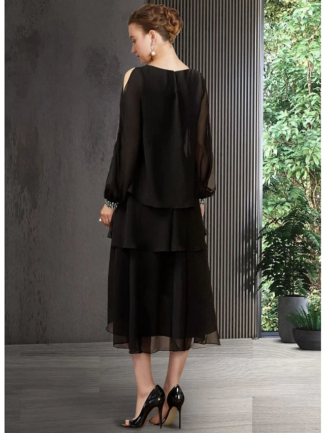 Chic Chiffon A-Line Boat Neck Long Sleeve Closed Back Midi Length Mother of the Bride Dresses